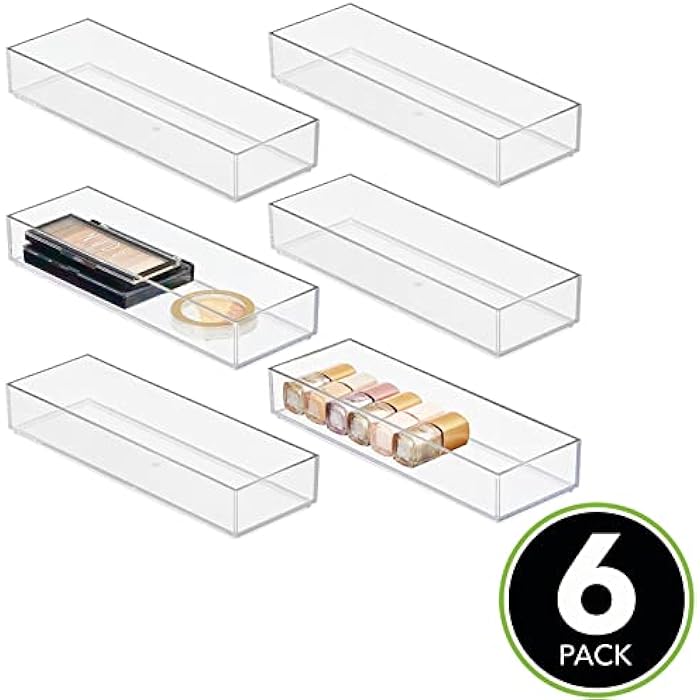 mDesign Slim Plastic Drawer Organizer, Storage Container for Cosmetics, Makeup, and Accessories on Bathroom Vanity, Countertop, or Cabinet - Lumiere Collection - 6 Pack - Clear/Chrome - Image 3